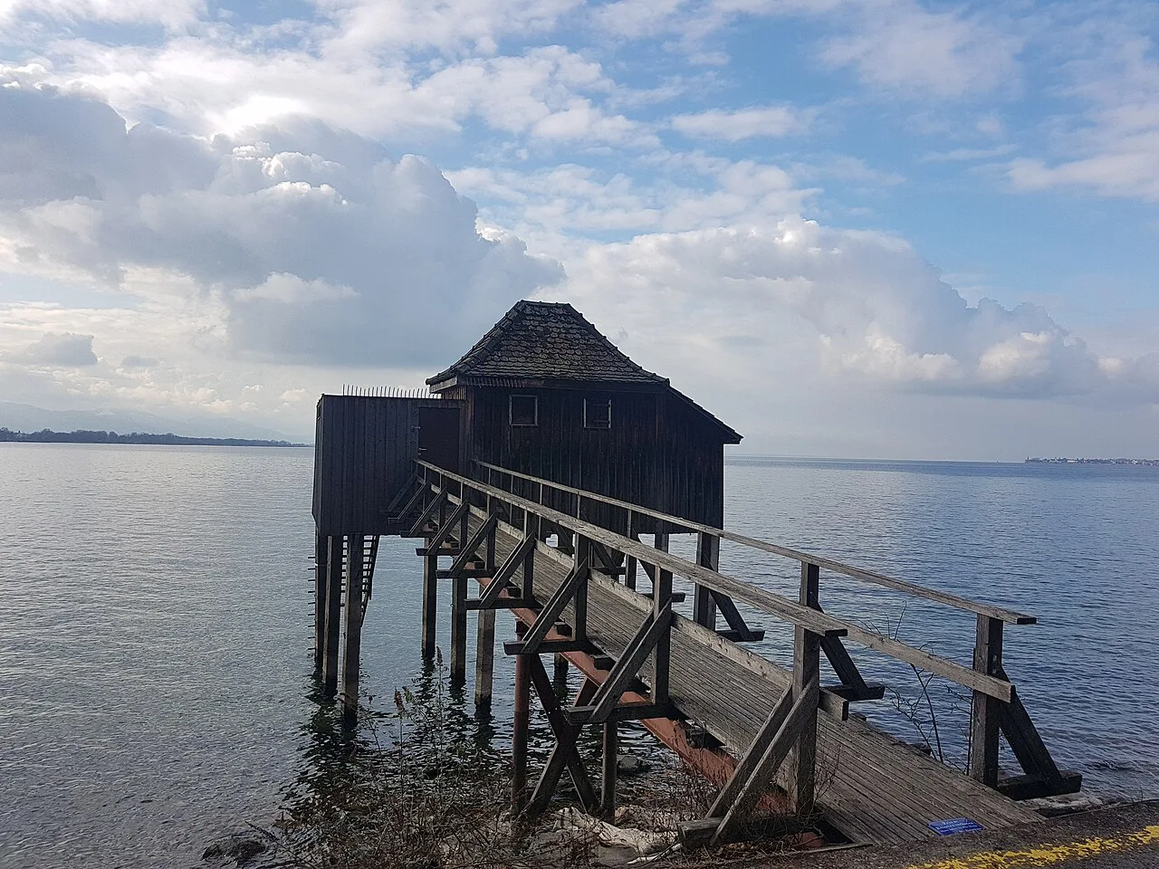 A wooden bathhouse on Lake Constance near Bregenz.