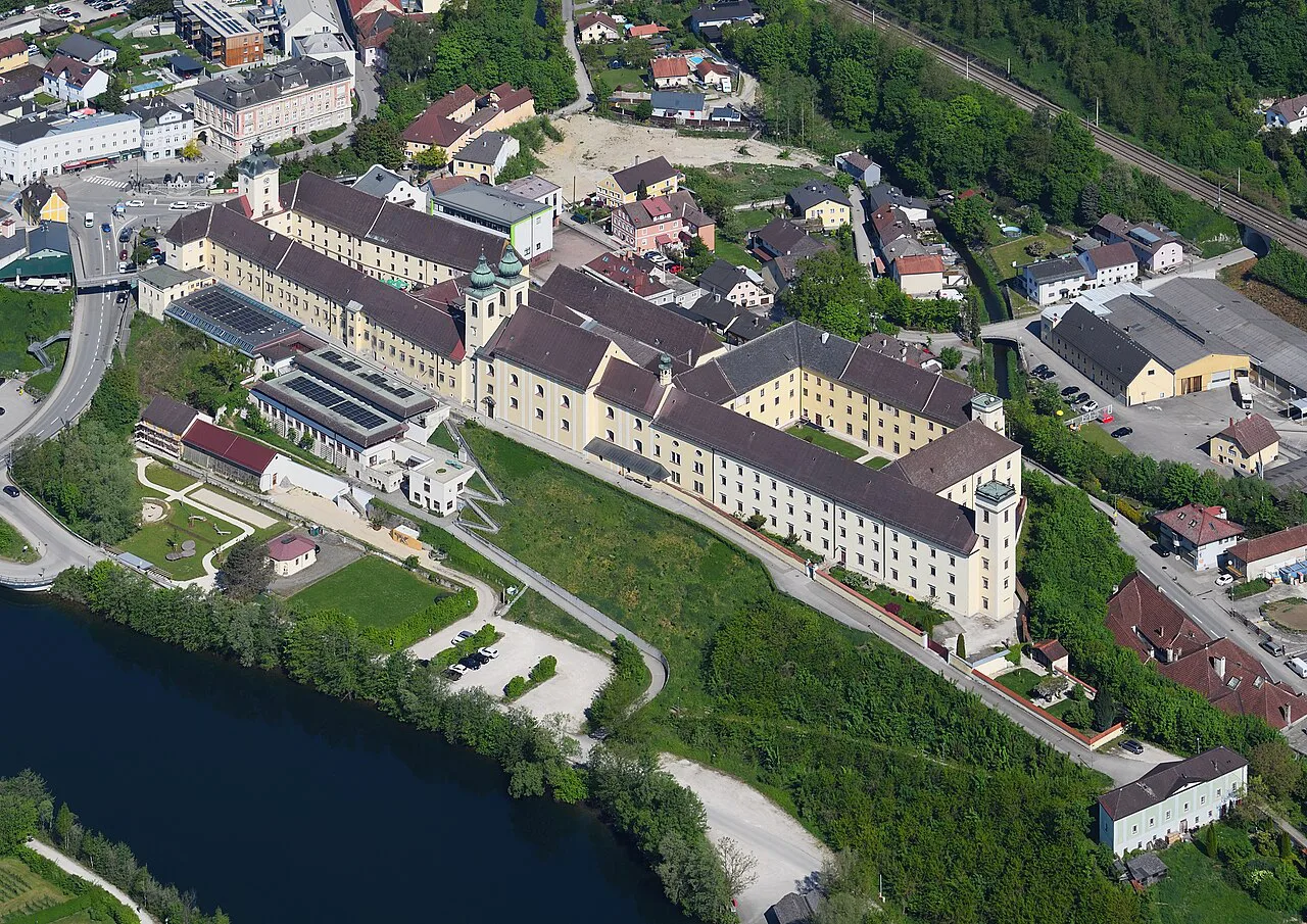 Aerial view of Lambach Abbey from the southeast.