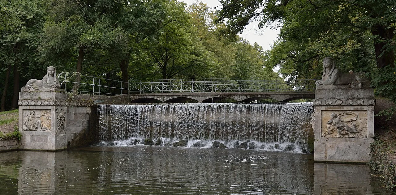 The cascade bridge and waterfall in the Laxenburg palace park.