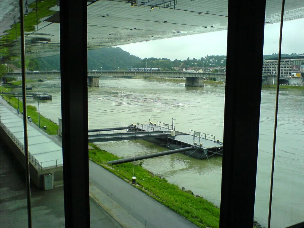 The Danube seen through the glass front of the Lentos Art Museum in Linz.