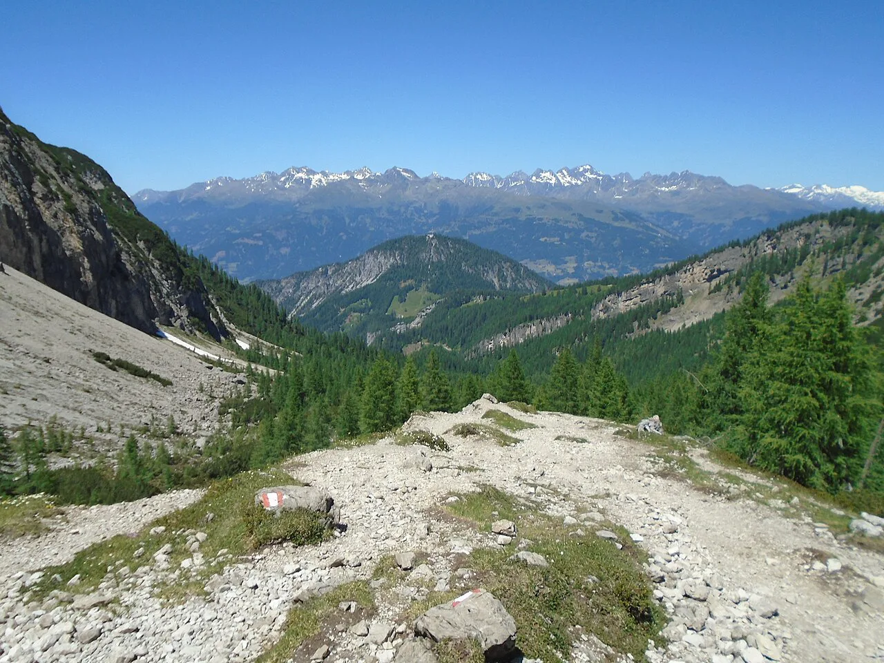 The High Tauern seen from the trail to the Karlsbader Hütte in the Lienz Dolomites.