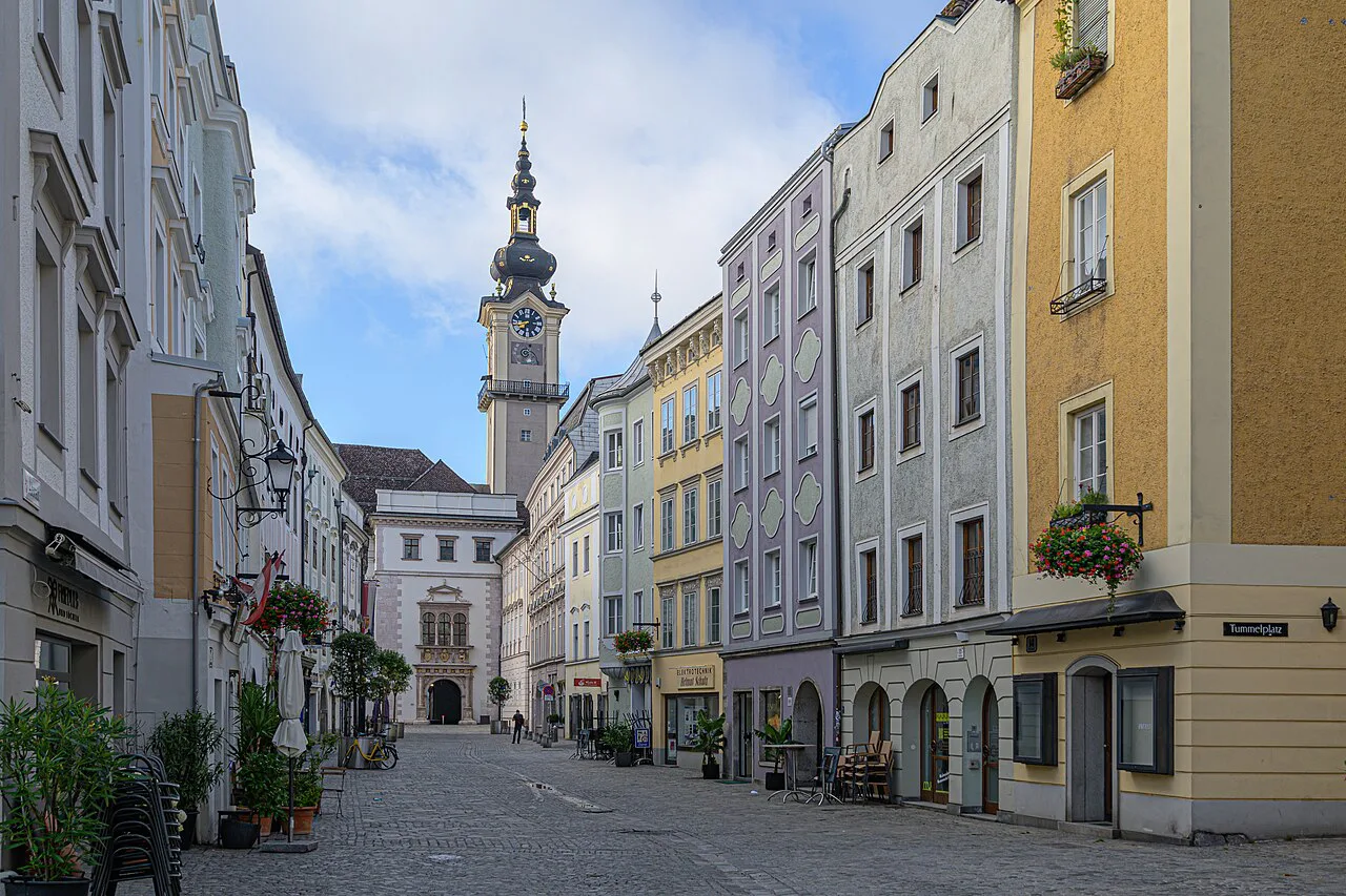 Looking from the Alter Markt along the Altstadt towards the Landhaus in Linz.