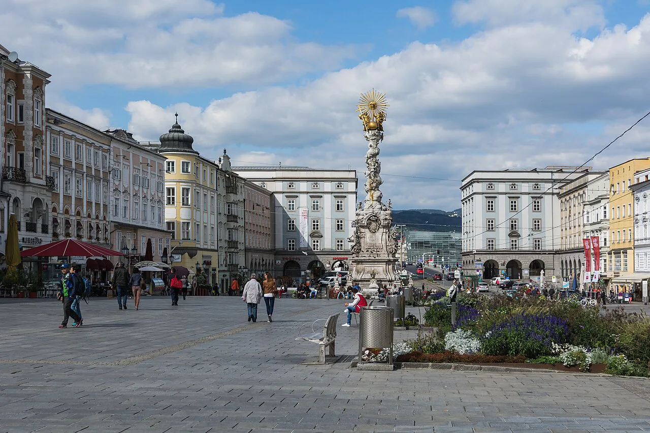 Linz's Hauptplatz with the Trinity Column at its centre.