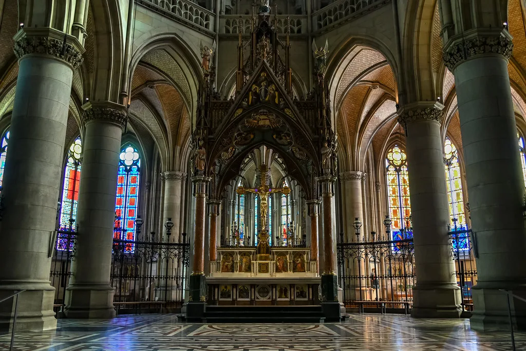 The high altar and stained glass inside Linz's New Cathedral.