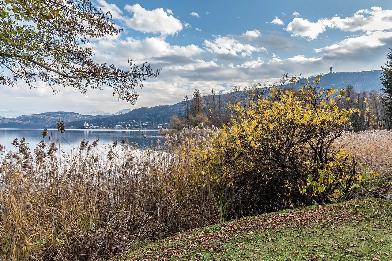 Maria Wörth across the Wörthersee from a path in Pörtschach.