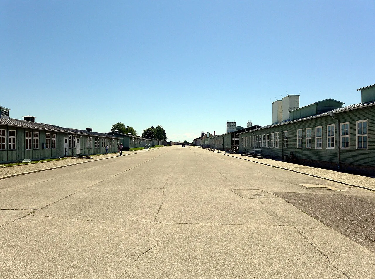The camp street and prisoner barracks at the Mauthausen memorial.