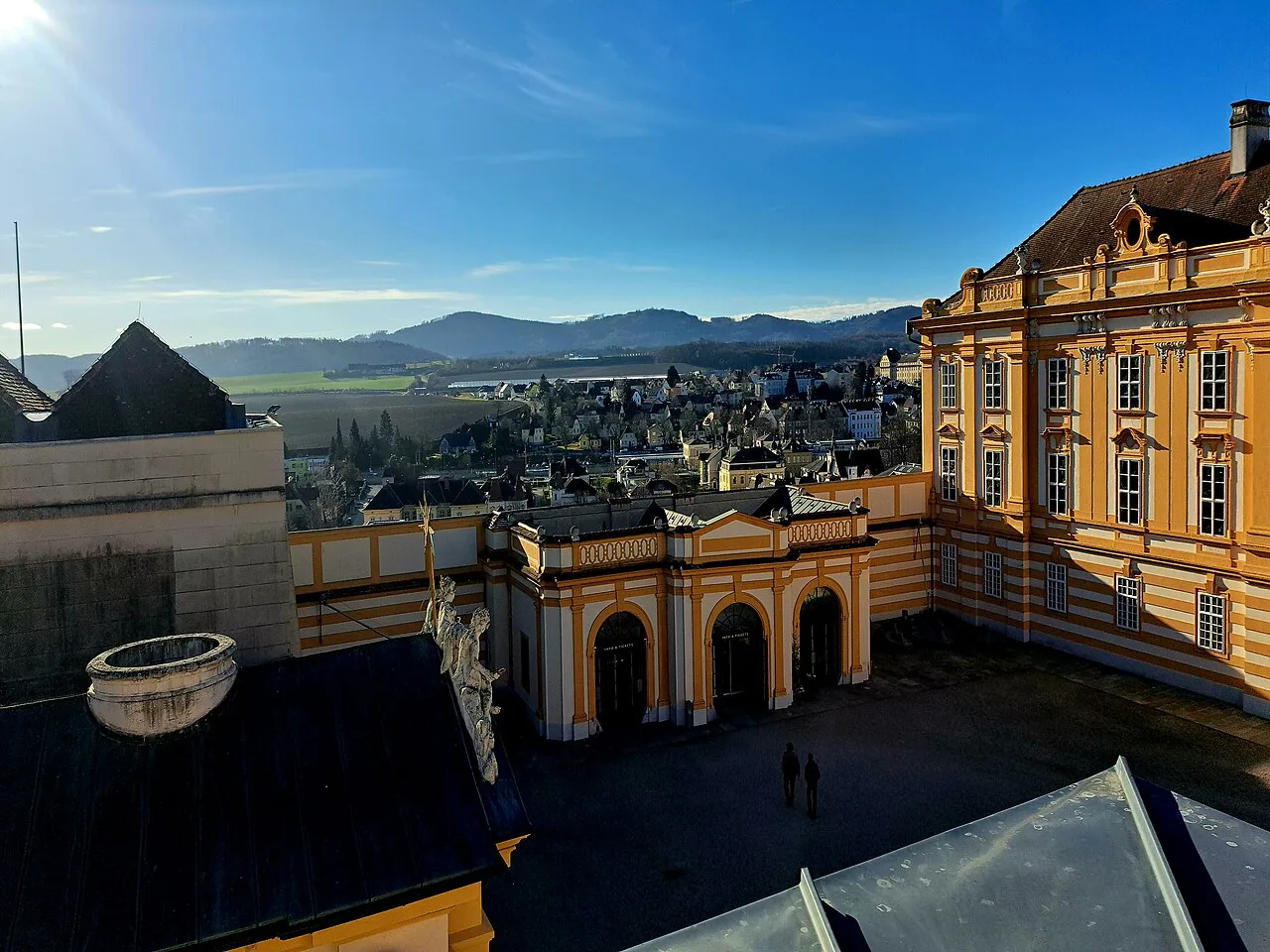 View over Melk Abbey's courtyard wings towards the town of Melk.