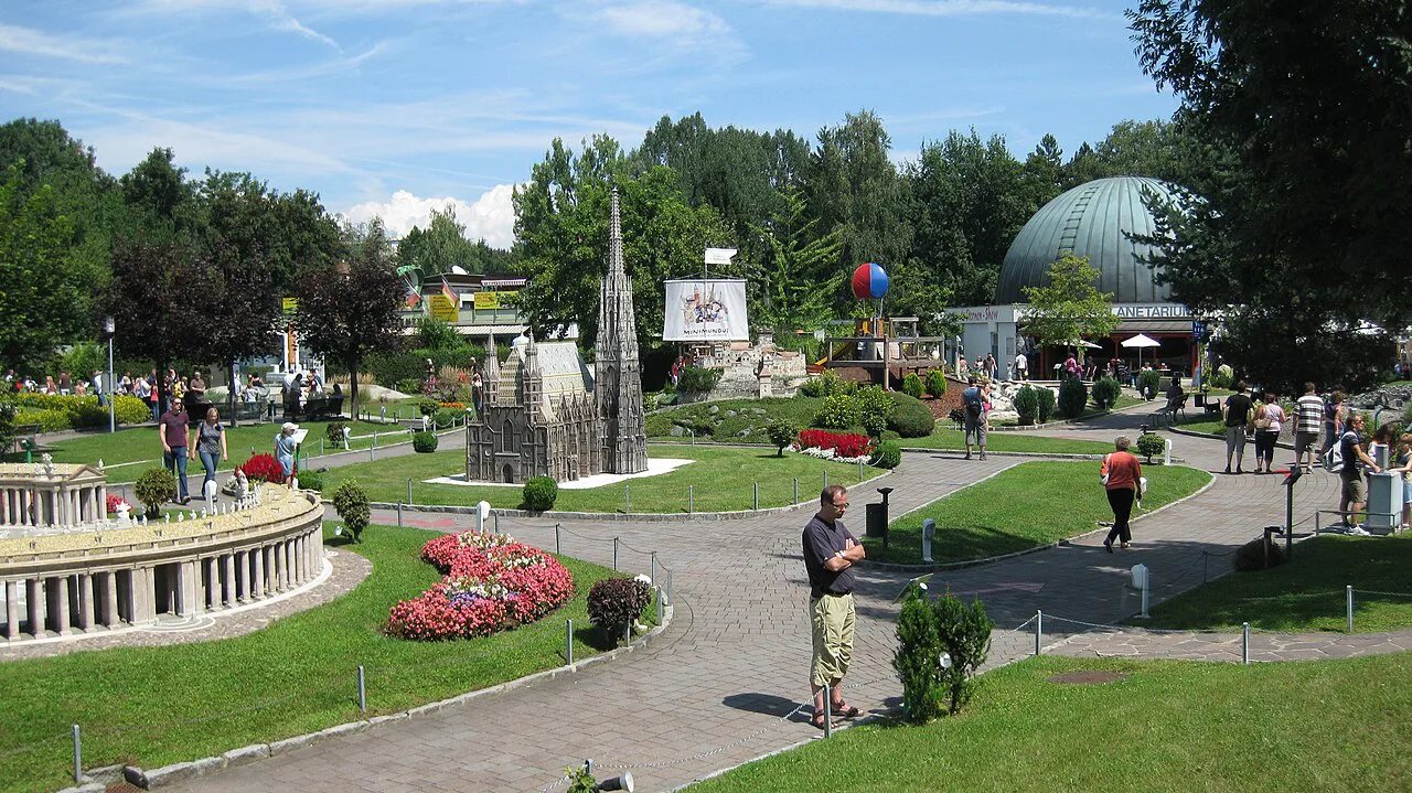 Paths and miniature buildings across the Minimundus park in Klagenfurt.