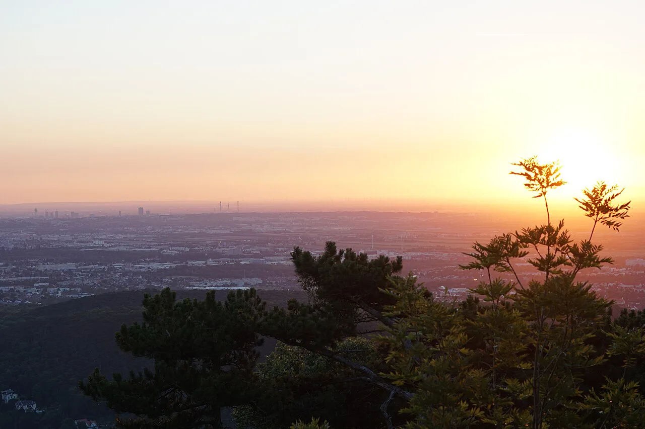 Sunrise over Vienna seen from the Husarentempel above Mödling.
