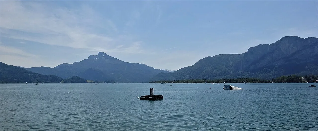 The Mondsee seen from the shore at the town of Mondsee.