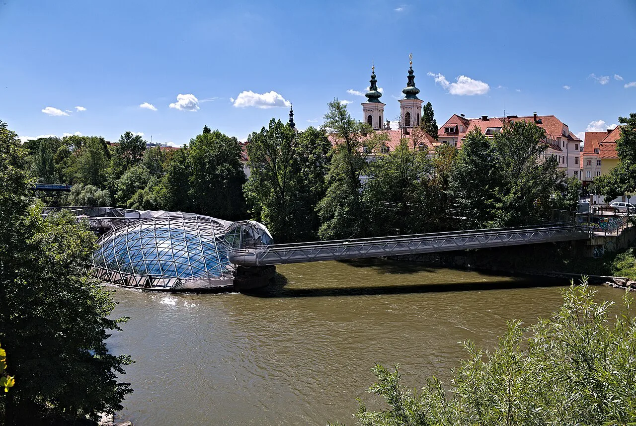 The Murinsel floating in the river Mur below Graz's old town.