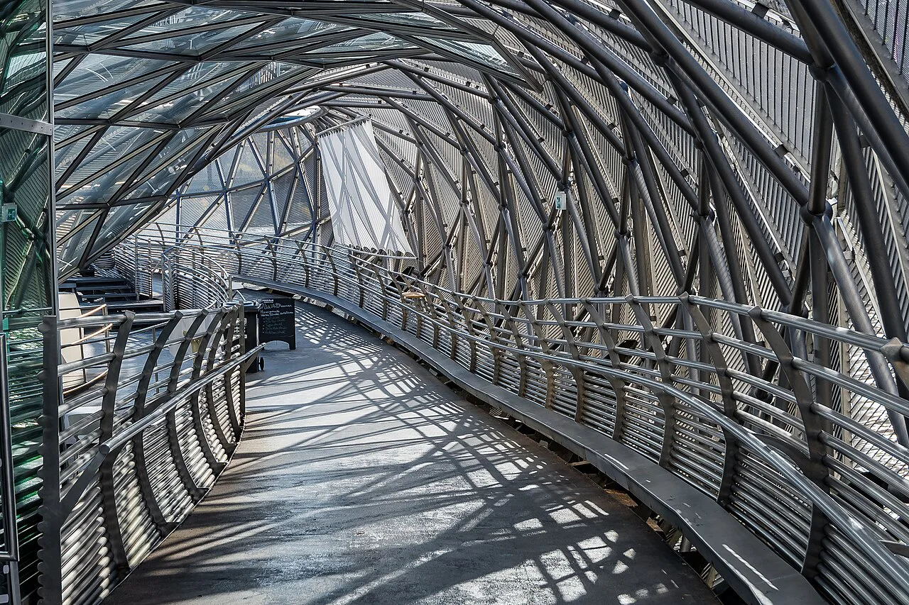 The steel-mesh walkway of the Murinsel in Graz.