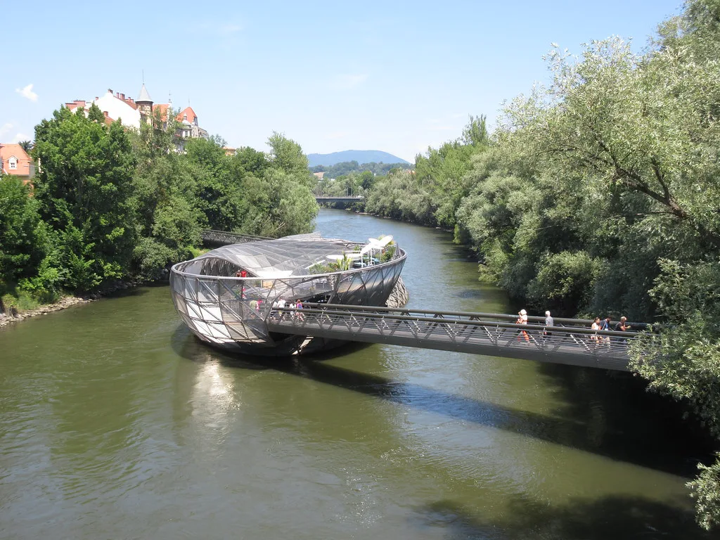 Murinsel: the artificial floating island on the Mur River in Graz, housing a café.