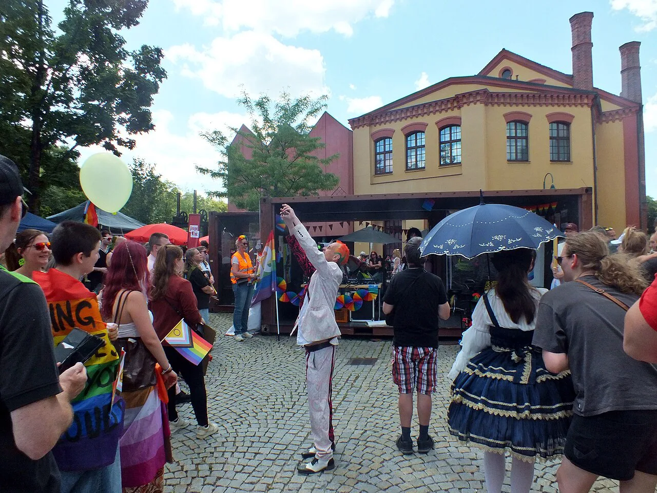 Steyr Pride 2026 gathering outside the brick Museum Arbeitswelt building in Steyr.