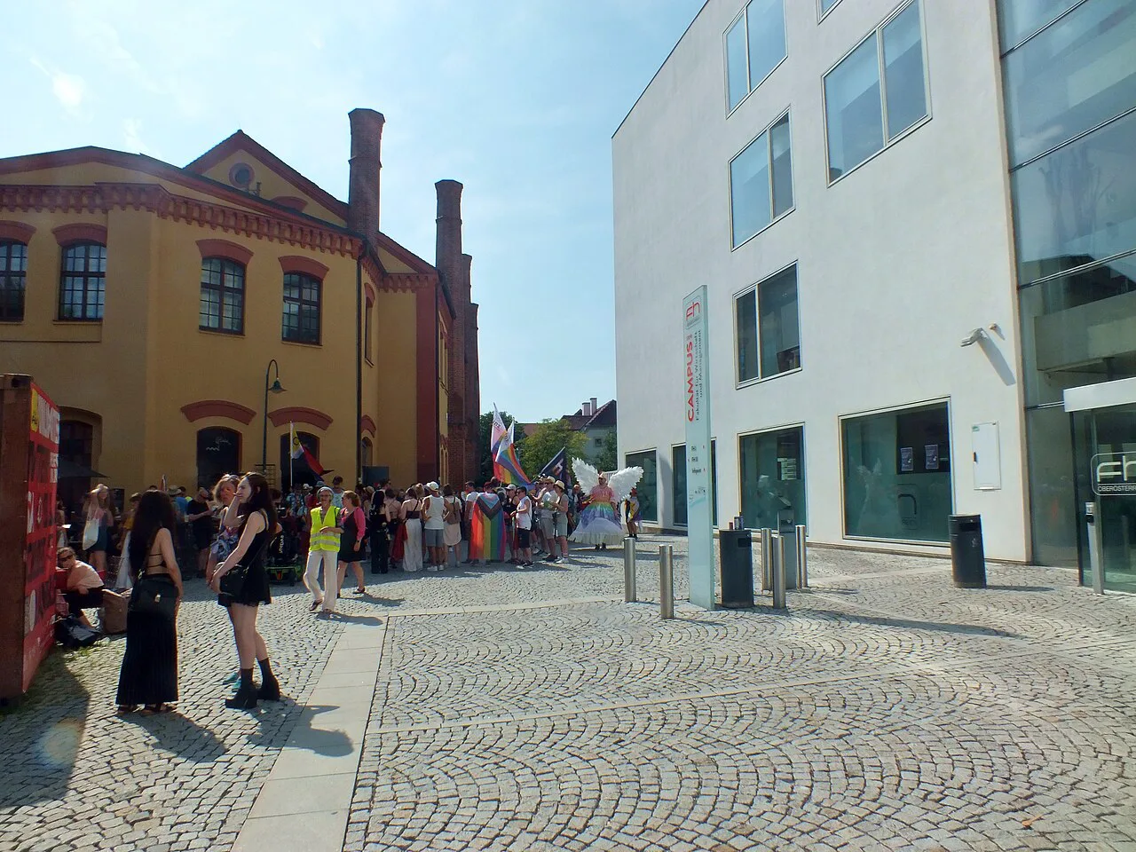 The Museum Arbeitswelt buildings in Steyr during the 2025 Steyr Pride gathering.