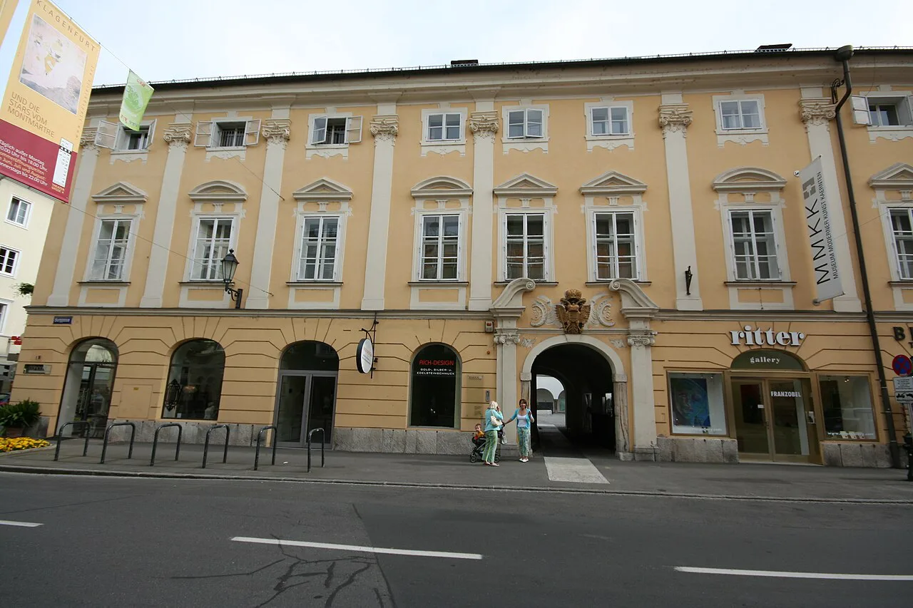The facade of the Museum of Modern Art Carinthia on Burggasse in Klagenfurt.