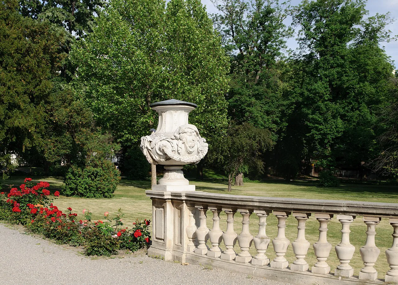 A balustrade and urn in the gardens of the Palais Liechtenstein in Vienna.
