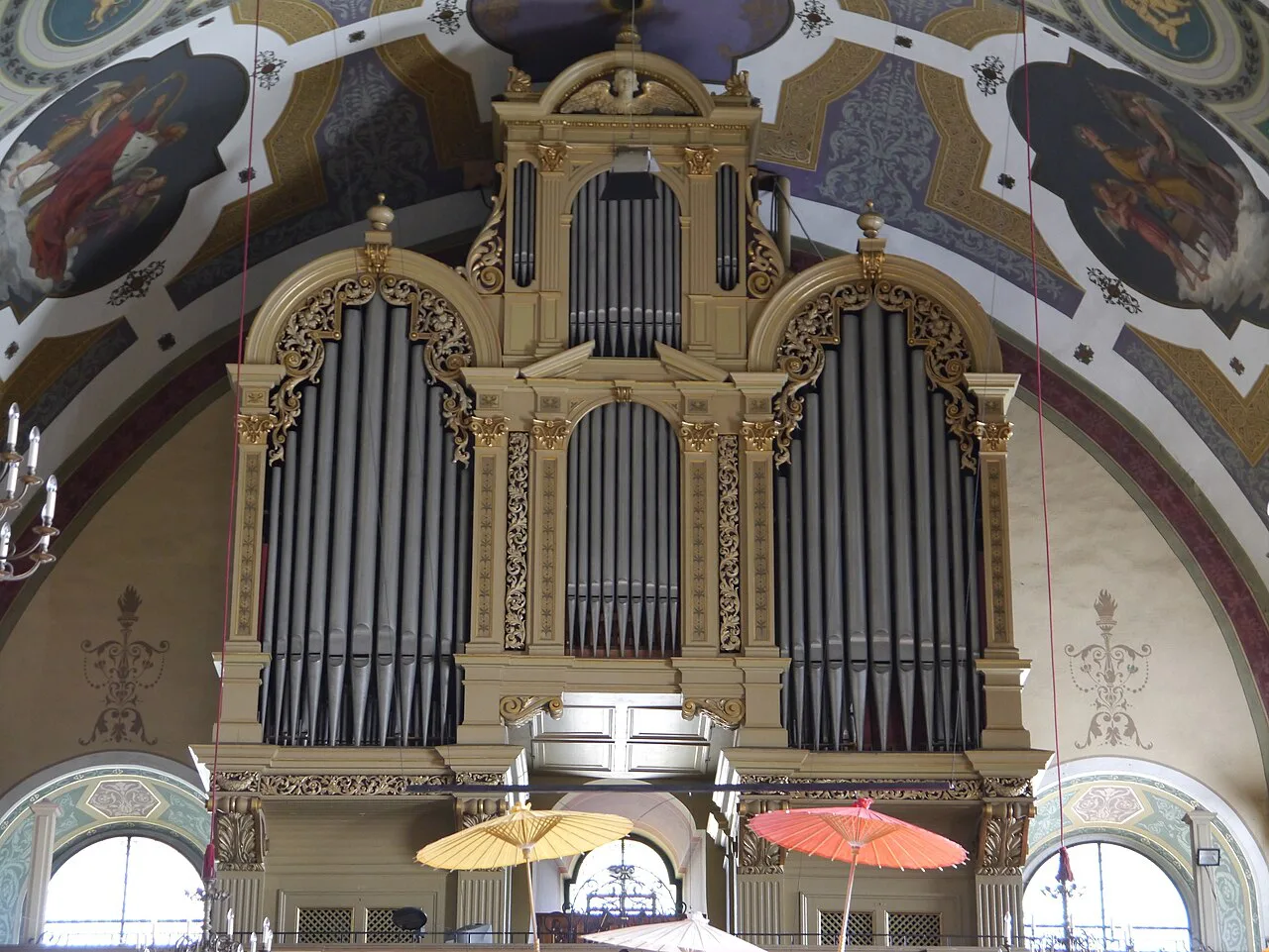 The organ and painted vault of St. Nicholas parish church in Bad Ischl.