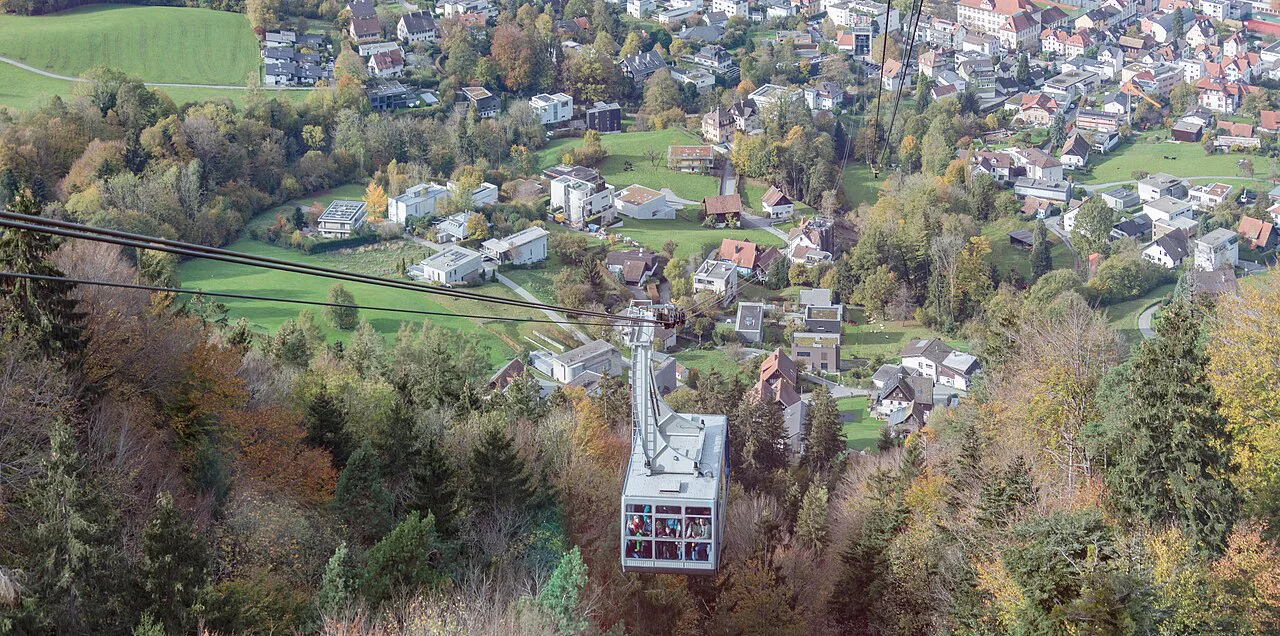 A Pfänder cable car cabin high above Bregenz and its outskirts.