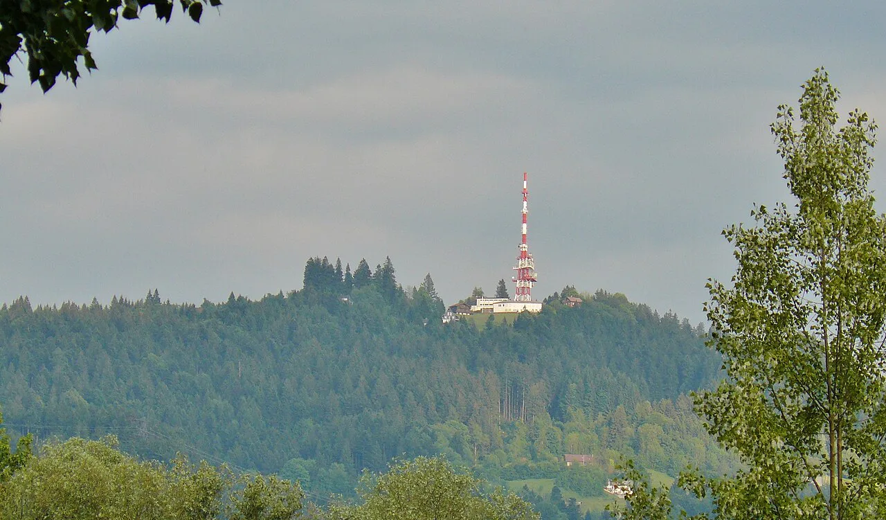 The wooded Pfänder above Bregenz, topped by its transmitter mast.