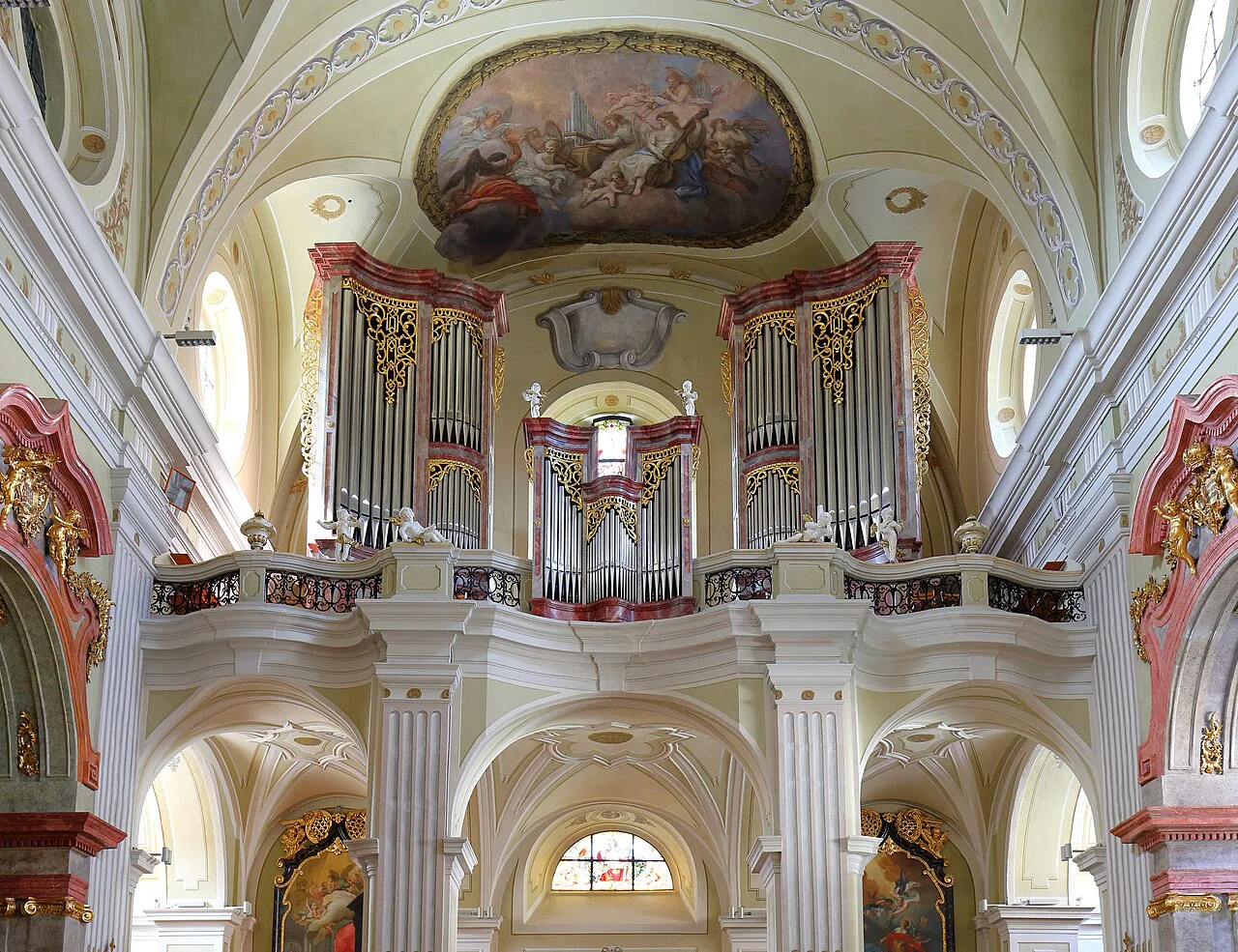 The organ gallery and painted ceiling of St. Veit's parish church in Krems.