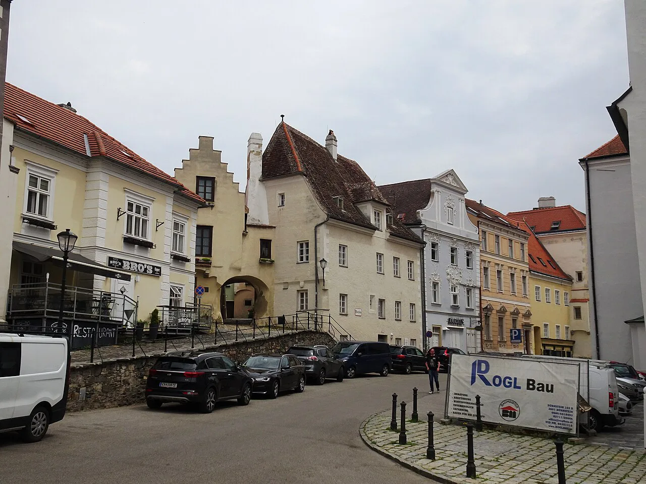 Historic houses on the north side of Pfarrplatz in Krems an der Donau.