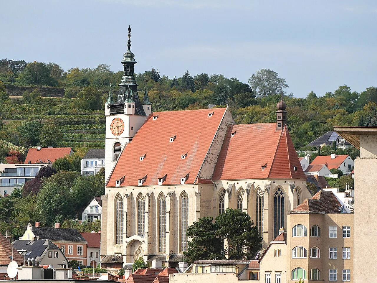 The Piarist Church rising above the rooftops of Krems an der Donau.