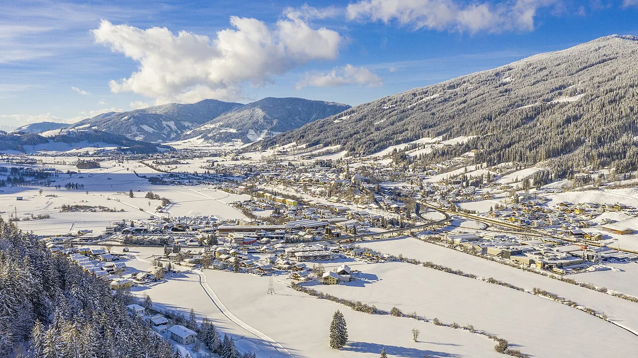 Radstadt and the surrounding Pongau valley under winter snow.