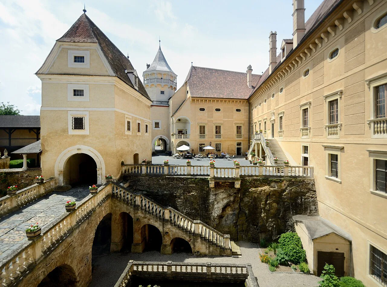 Courtyard, bridge and towers of Schloss Rosenburg in Lower Austria.