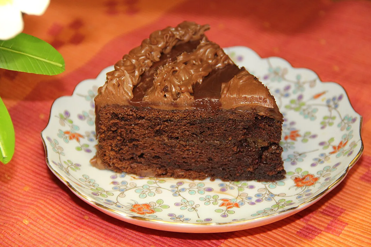 A slice of homemade Sachertorte-style chocolate cake on a floral plate.