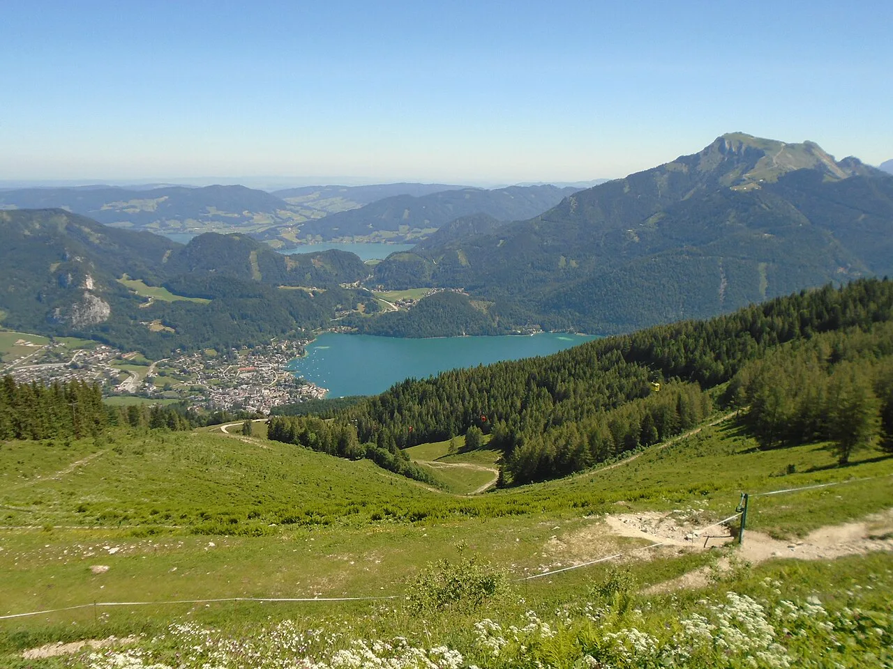 St. Gilgen and the Wolfgangsee with the Schafberg beyond, seen from the Zwölferhorn.
