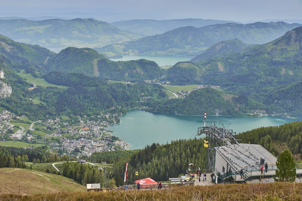 St. Gilgen and the Wolfgangsee seen from the Zwölferhorn above the village.