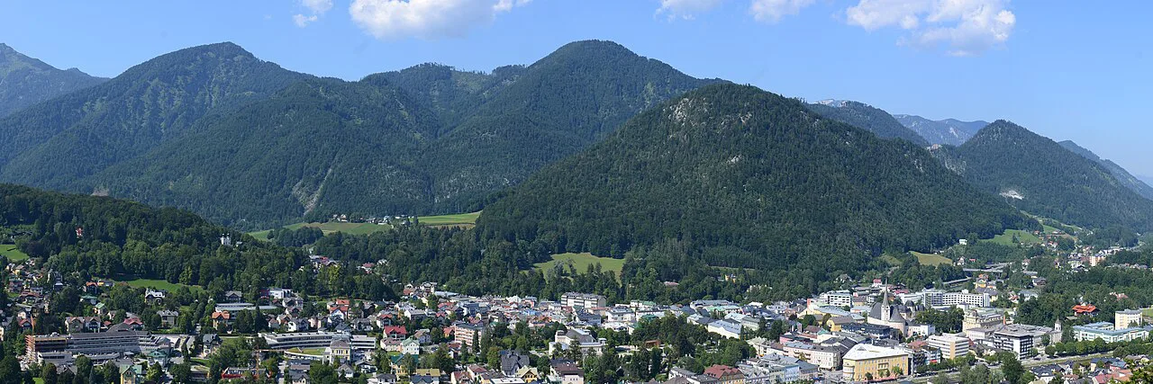 Bad Ischl and its wooded mountains seen from the Siriuskogel.