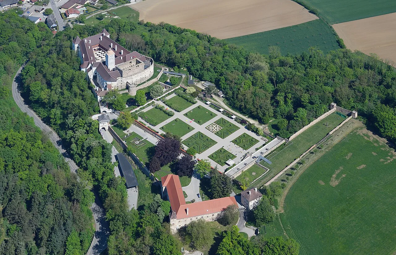 Aerial view of Schallaburg Castle and its gardens from the south.