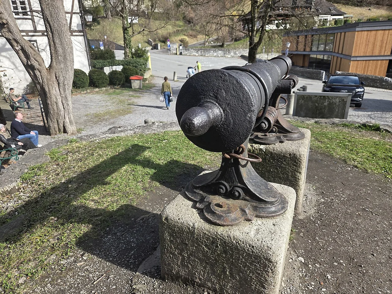 A small historic cannon displayed at Schattenburg Castle in Feldkirch.