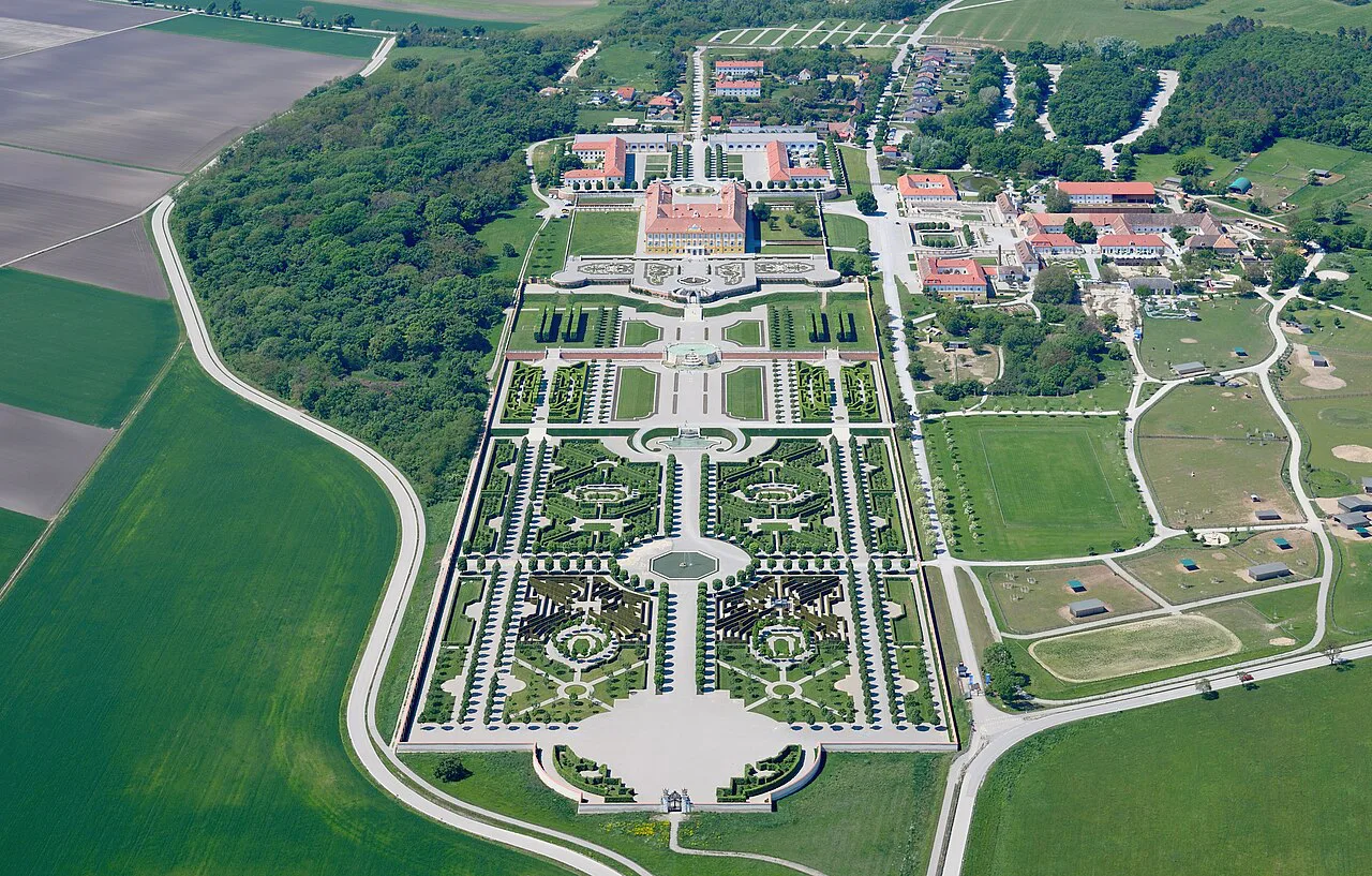 Aerial view from the east over the terraced Baroque garden of Schloss Hof.