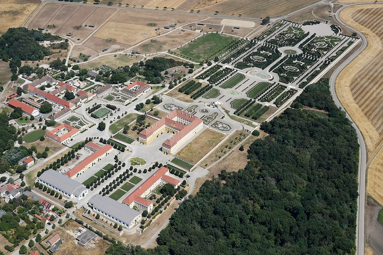 Aerial view of Schloss Hof and its Baroque garden from the southwest.