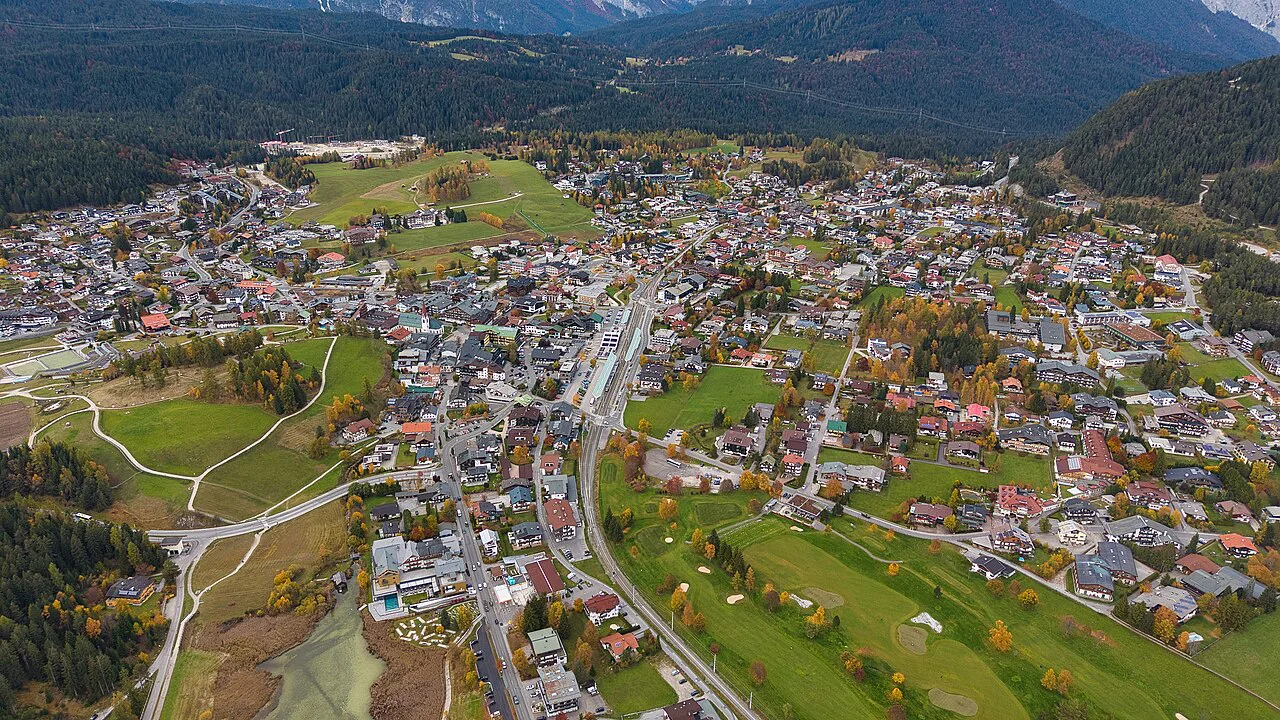 Aerial view of Seefeld in Tirol on its high plateau.
