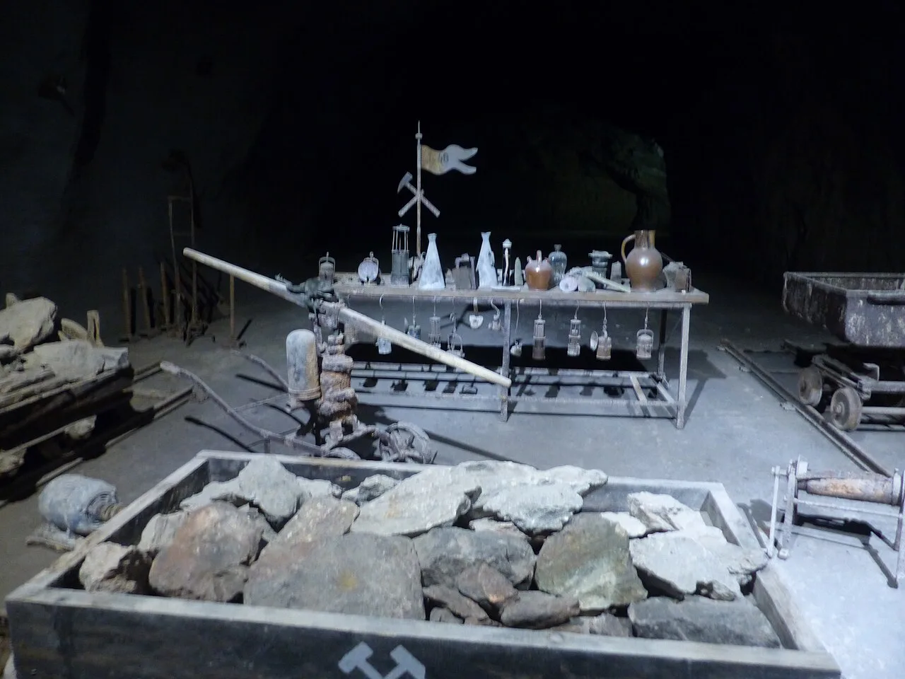 Old mining equipment displayed in the Seegrotte mine museum.