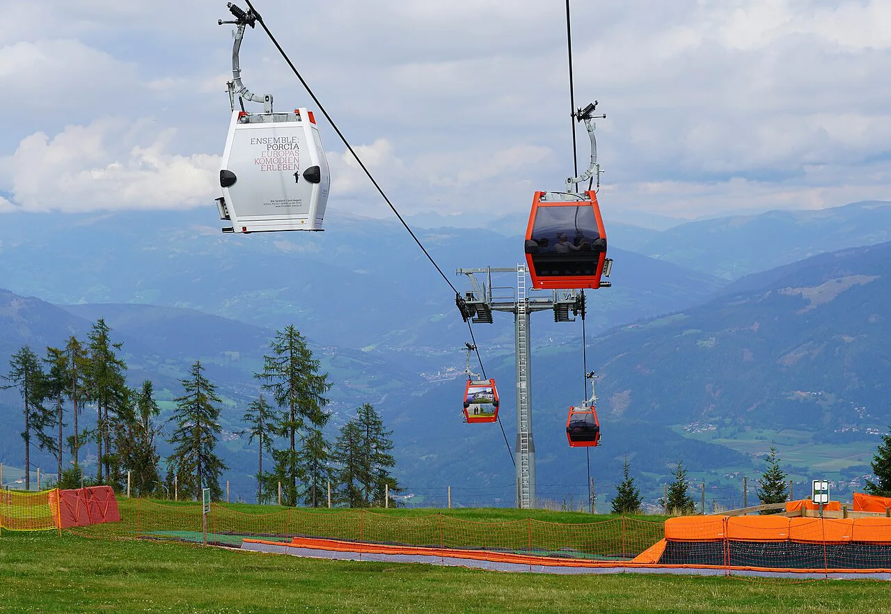 The Goldeck cable car above Spittal an der Drau, looking towards the Nockberge.