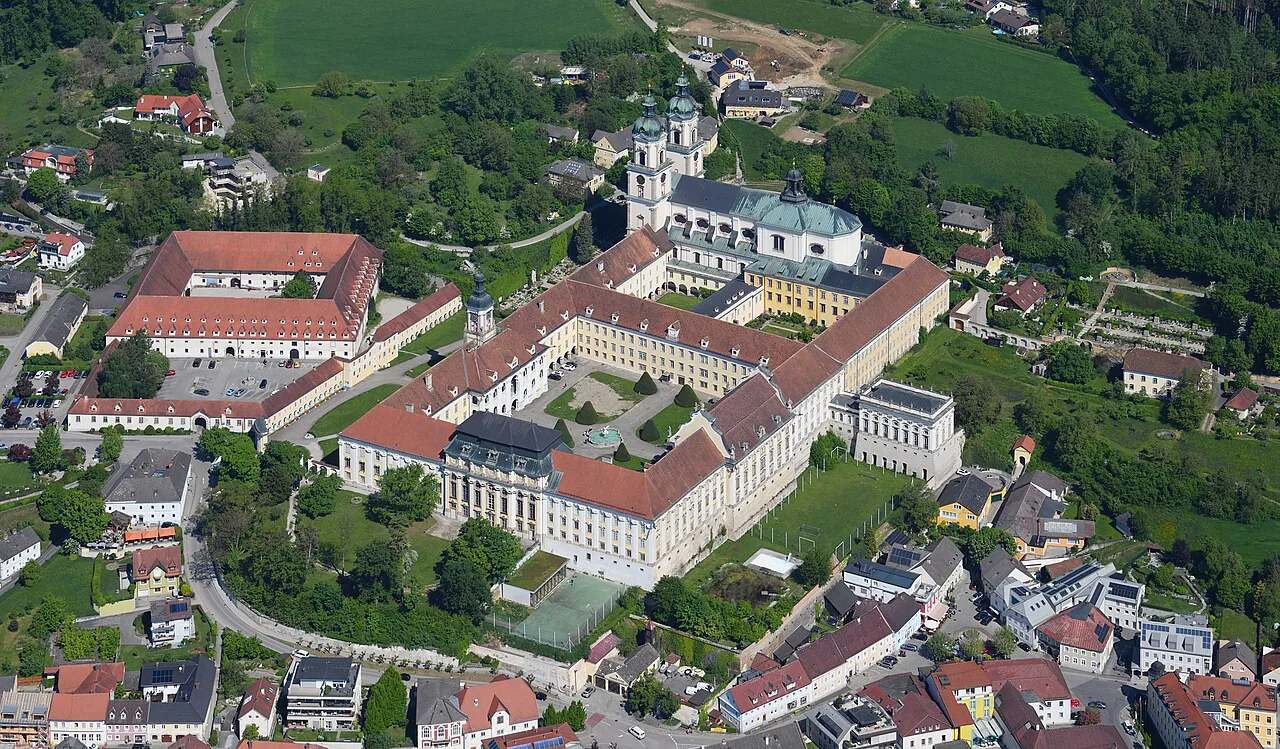 Aerial view of St Florian Abbey and its courtyards from the south.