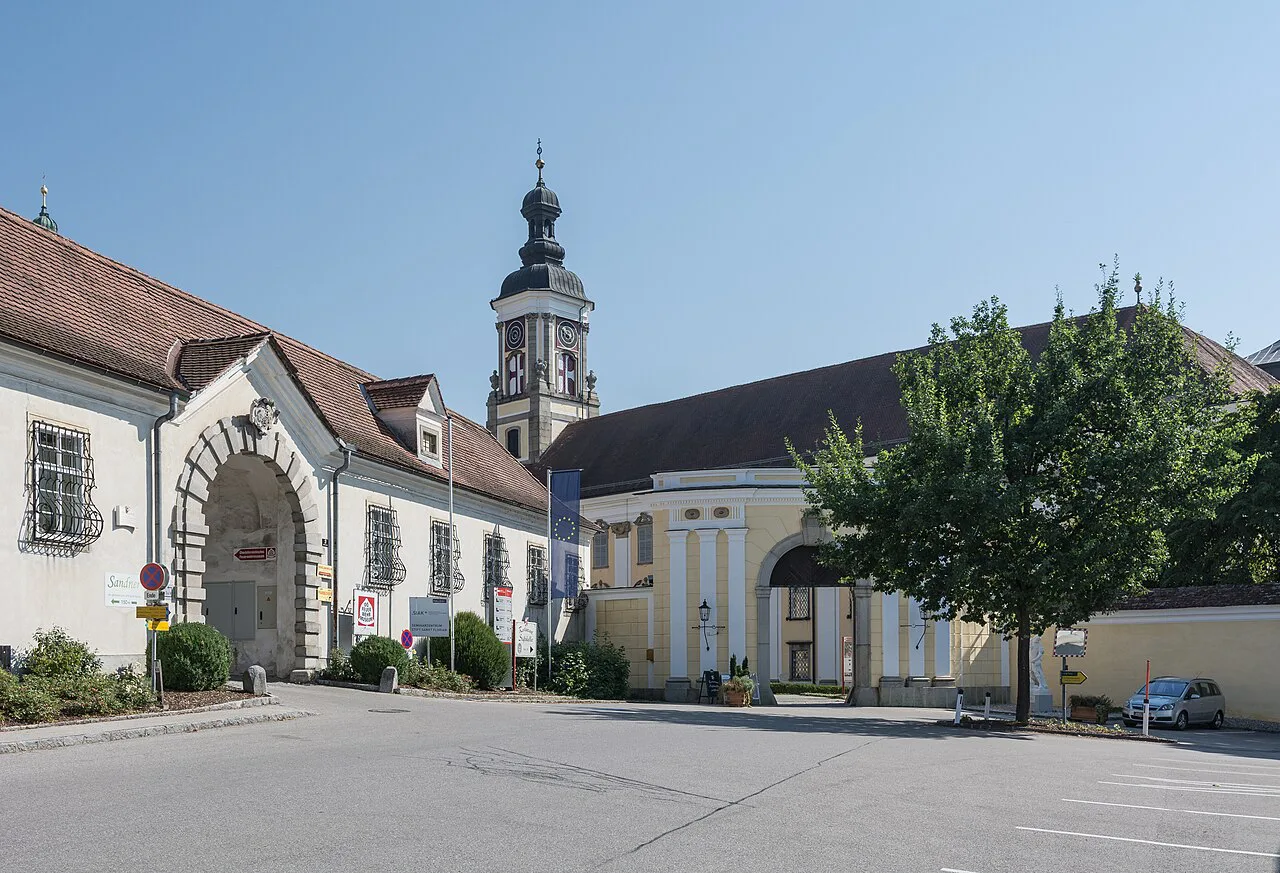The main entrance and church tower of St Florian Abbey in Upper Austria.