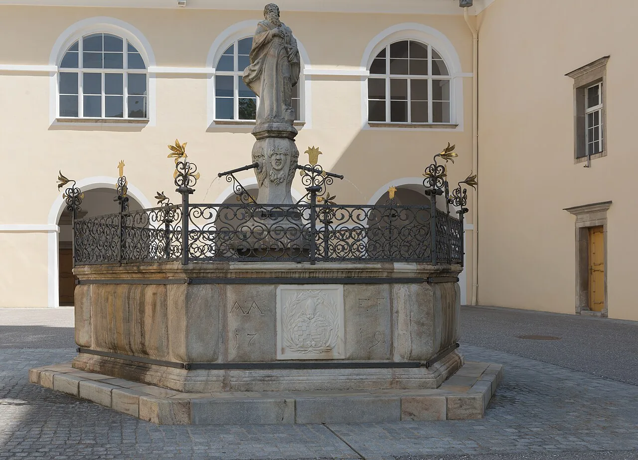 The Paulus fountain at the north-western corner of St Paul Abbey in the Lavanttal.