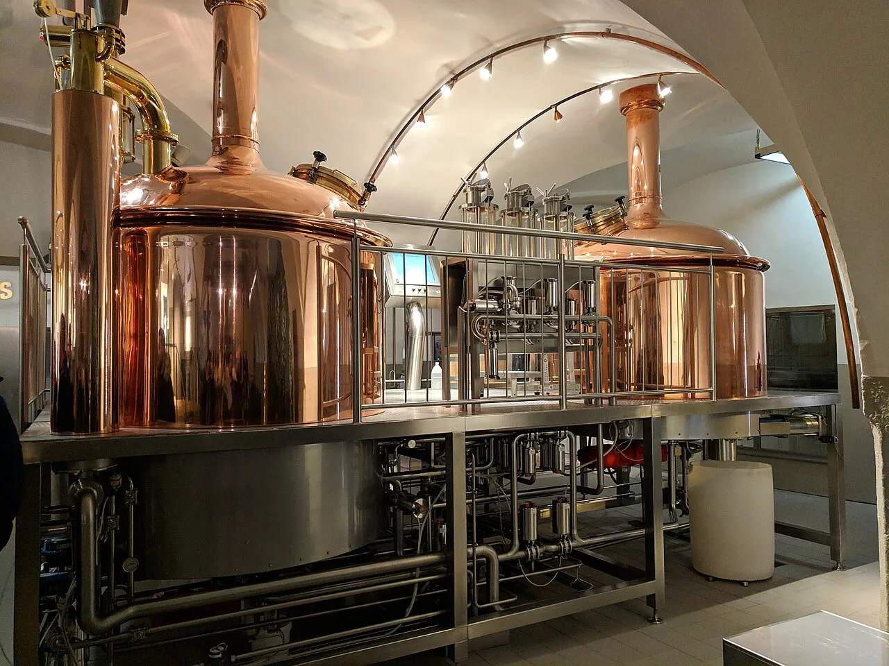 Copper brewing kettles at the Stiegl brewery in Salzburg.