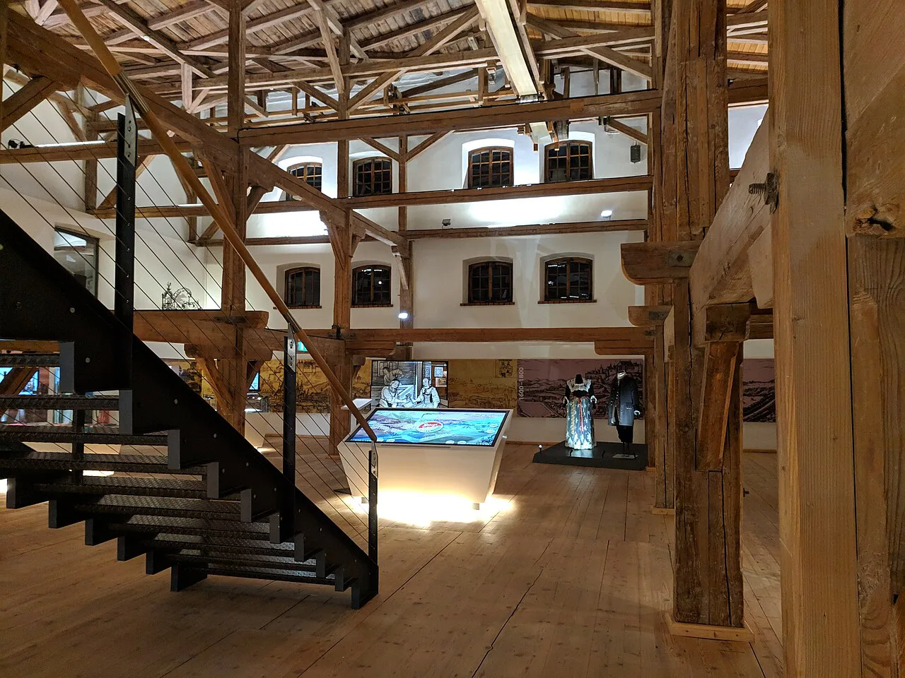 The timber-beamed interior of the Stiegl brewery in Salzburg.