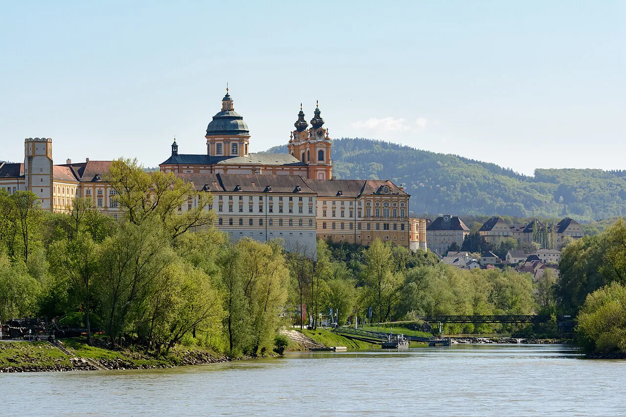 Melk Abbey above the Danube, seen from Emmersdorf.
