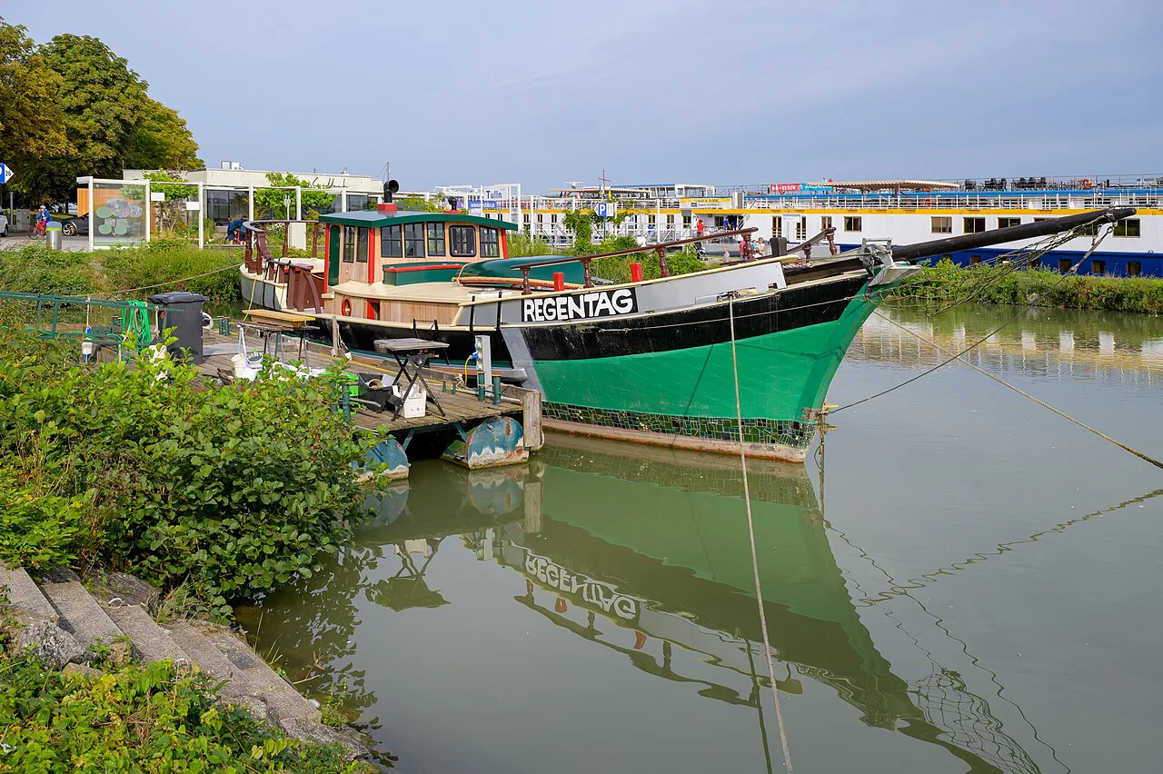 Hundertwasser's ship Regentag moored in the guest harbour at Tulln.