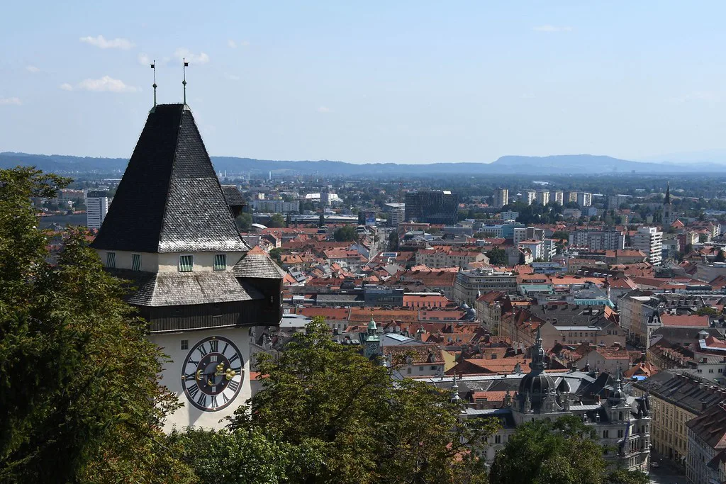 Venue view: Graz's Uhrturm clock tower on the Schlossberg, the city's iconic landmark.