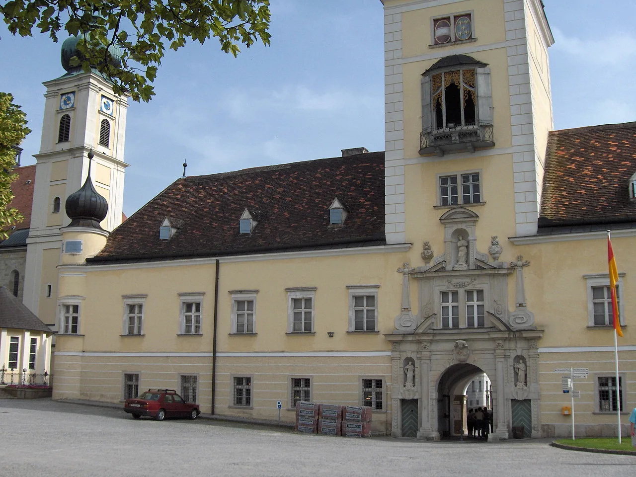 The courtyard and gate tower of Heiligenkreuz Abbey in the Vienna Woods.