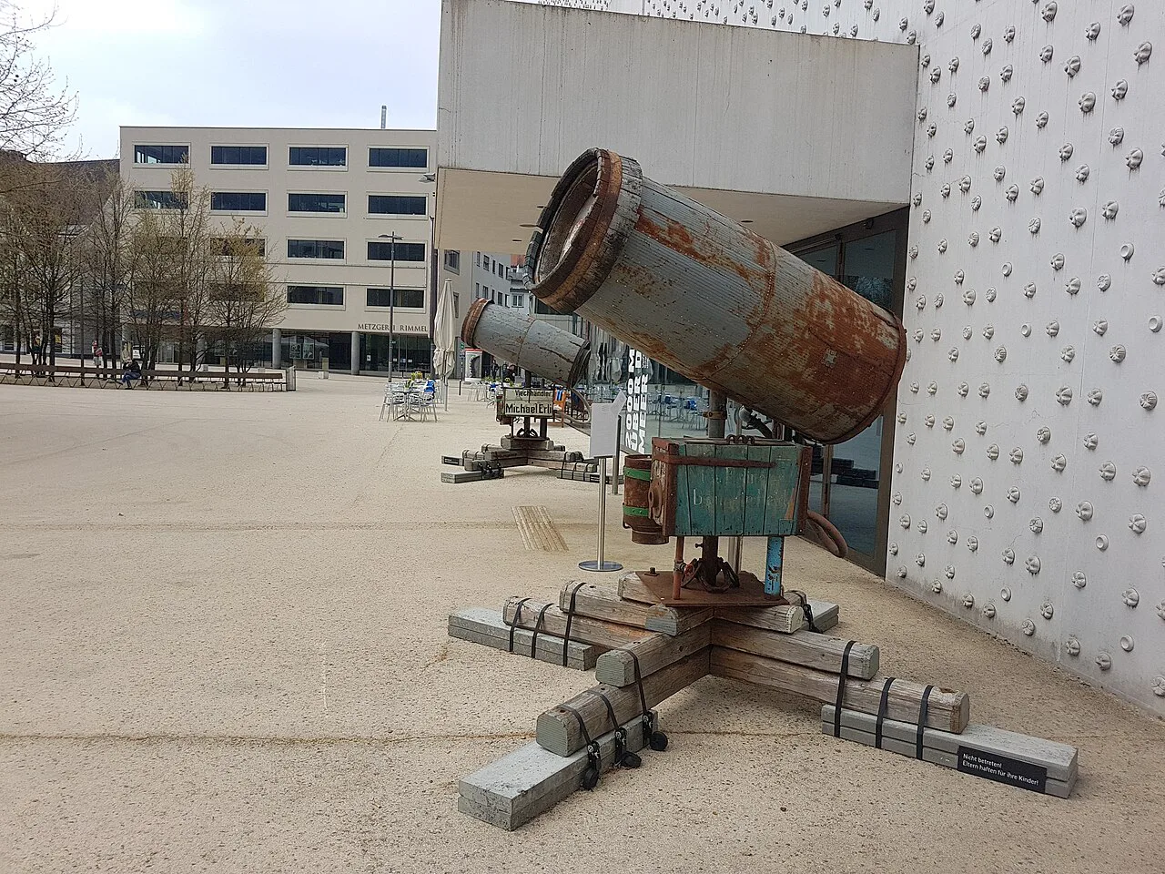 The "Snow Cannon" art object outside the vorarlberg museum in Bregenz.